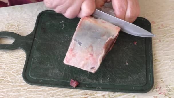 Köchin Schneidet Hirschfleisch Mit Messer Gesundes Ernährungskonzept — Stockvideo