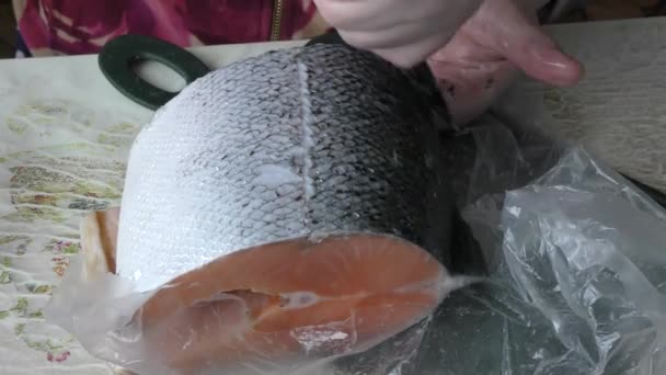 Chef Está Limpiando Trucha Pescado Concepto Alimentos Saludables — Vídeo de stock