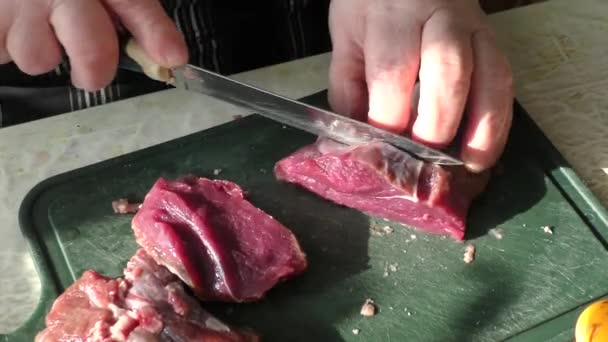 Cuisinier Coupe Viande Crue Cerf Avec Couteau Concept Alimentation Saine — Video