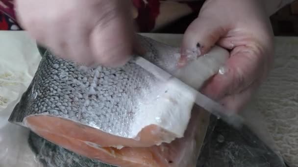 Mulher Corta Peixe Truta Conceito Alimentação Saudável — Vídeo de Stock