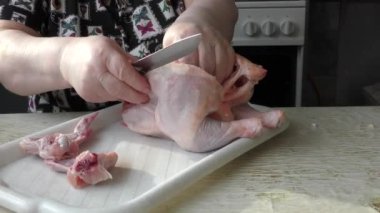 Aşçı çiğ tavuğu parçalara ayırır. sağlıklı gıda konsepti