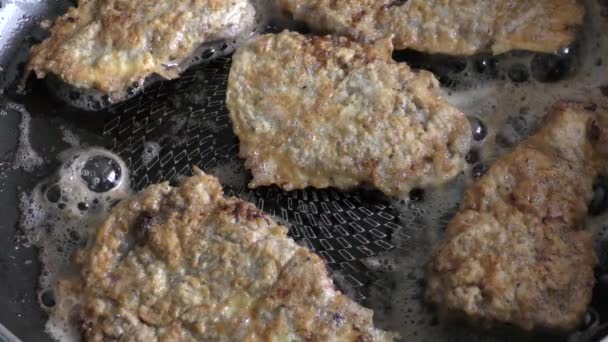 Concepto Comida Saludable Trozos Carne Ciervo Fríen Una Sartén — Vídeo de stock