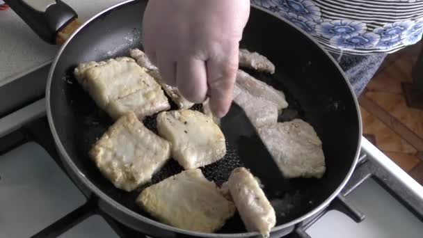 タラはフライパンで揚げてある 健康的な食のコンセプト — ストック動画