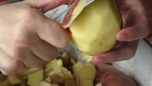 Proceso Cocina Casera Cocinero Limpia Las Patatas Con Cuchillo Concepto — Vídeos de Stock