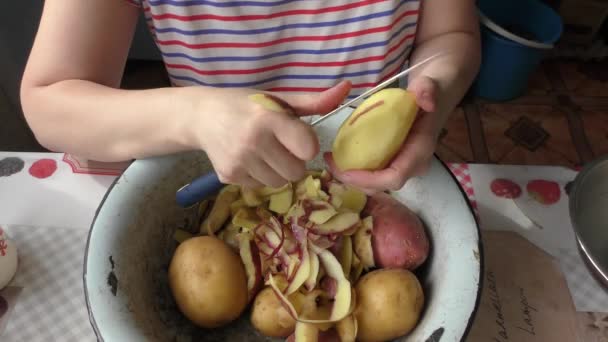 Processo Cozinha Casa Cozinheiro Descasca Batatas Com Uma Faca Conceito — Vídeo de Stock