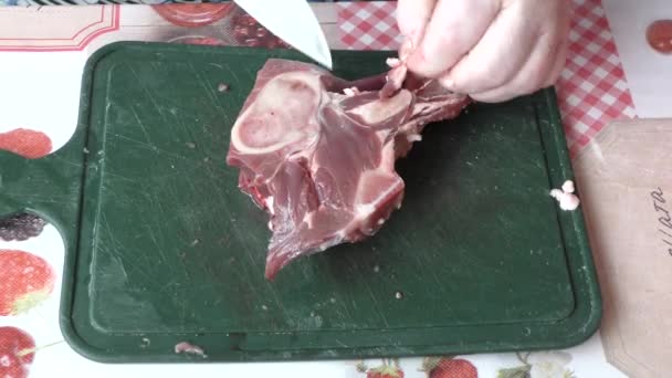 Processo Cottura Casa Cuoco Taglia Carne Cruda Cervo Con Coltello — Video Stock