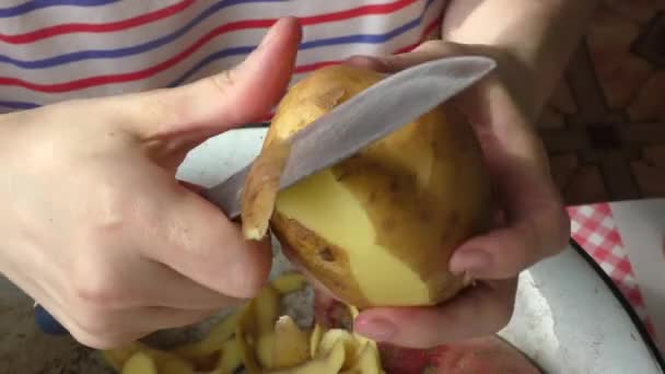 Proceso Cocina Casera Cocinero Está Pelando Patatas Concepto Comida Saludable — Vídeos de Stock