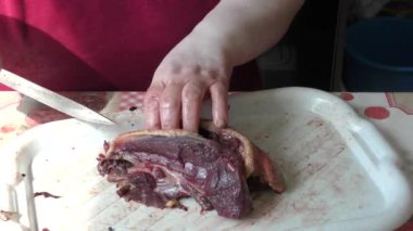 Ev yemeği pişirme süreci. Aşçı kazları parçalara ayırır. Sağlıklı gıda konsepti