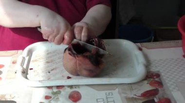 Ev yemeği pişirme süreci. Aşçı kazları parçalara ayırır. Sağlıklı gıda konsepti