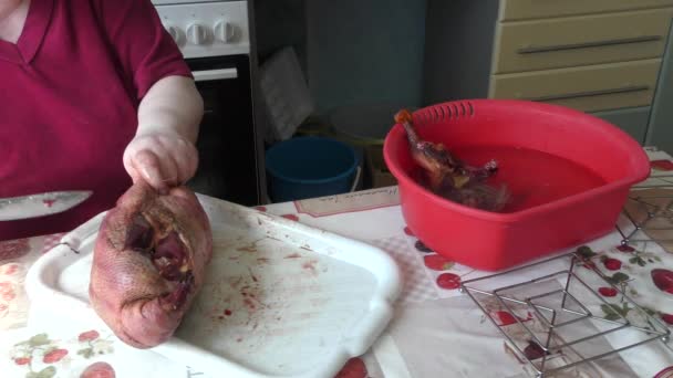 家庭烹调过程 厨师把鹅切成碎片 健康食品概念 — 图库视频影像