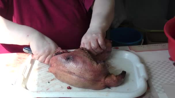 家庭烹调过程 厨师把鹅切成碎片 健康食品概念 — 图库视频影像