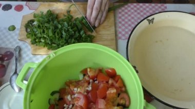 Ev yapımı yemek hazırlama süreci. Aşçı sebze salatası yapar. Sağlıklı gıda konsepti