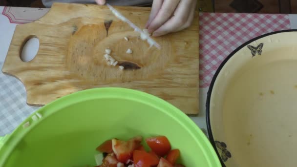 Домашний Процесс Приготовления Пищи Повар Делает Овощной Салат Концепция Здорового — стоковое видео