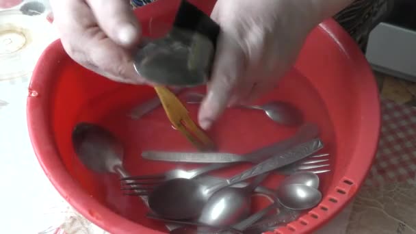 Женщина Моет Посуду Кухне После Семейного Ужина — стоковое видео