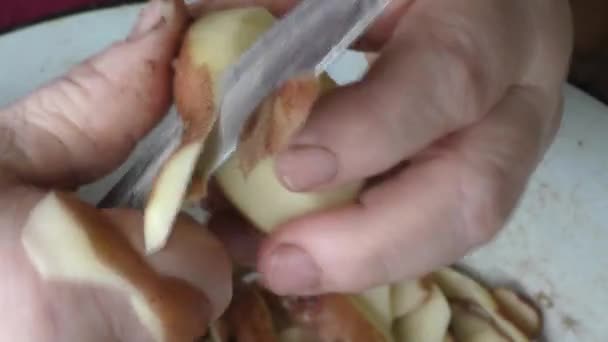 Mujer Pelando Patatas Con Cuchillo — Vídeos de Stock