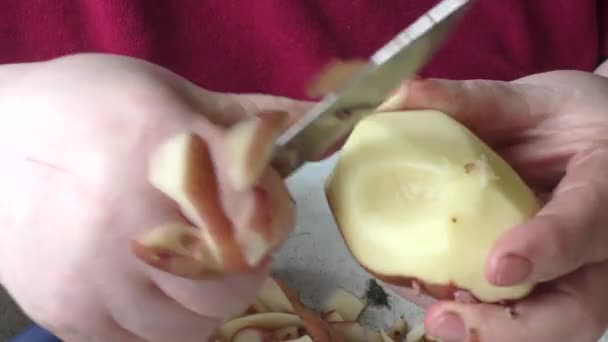 Frau Schält Kartoffeln Mit Messer — Stockvideo