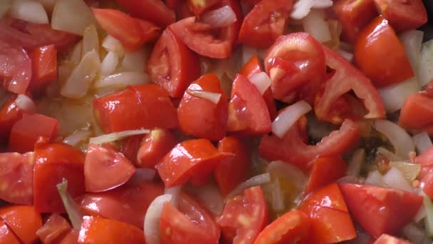 Los Tomates Con Cebolla Fríen Cacerola Concepto Alimentos Saludables — Vídeo de stock