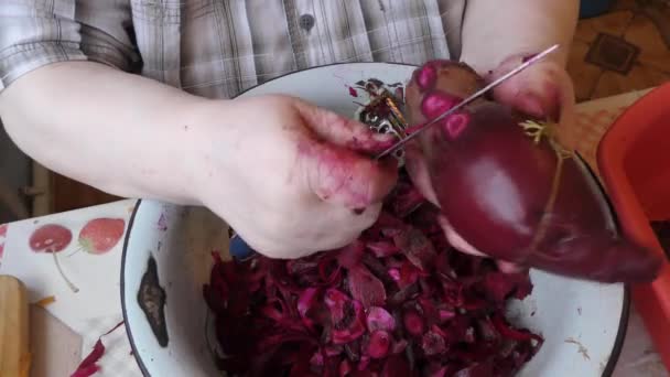 Жінка Шеф Кухар Чистить Буряк Концепція Здорової Їжі — стокове відео