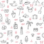 Summer, travel and beach sketch seamless pattern in black and white ...