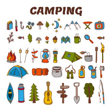 Hand drawn camping icon set in color. Collection of camping and 