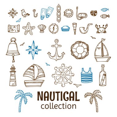 Elle çizilmiş deniz koleksiyonu. Deniz simgesi seti. Deniz ve okyanus