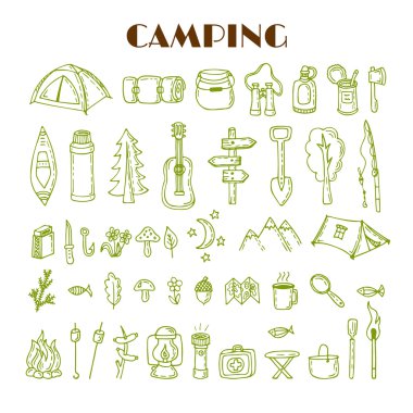 El kümesi kamp ve ekipman hiking çizilmiş. Seyahat ve vacat