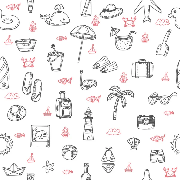 Cute hand drawn summer theme seamless pattern. Beach theme backg — Stock Vector