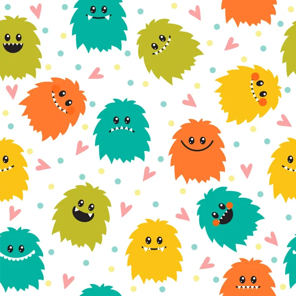 Cute seamless pattern with cartoon smiley monsters. Different fl — Stock Vector