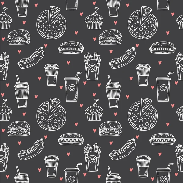 Fast food seamless pattern. Hand drawn food background. Backgrou — Stok Vektör