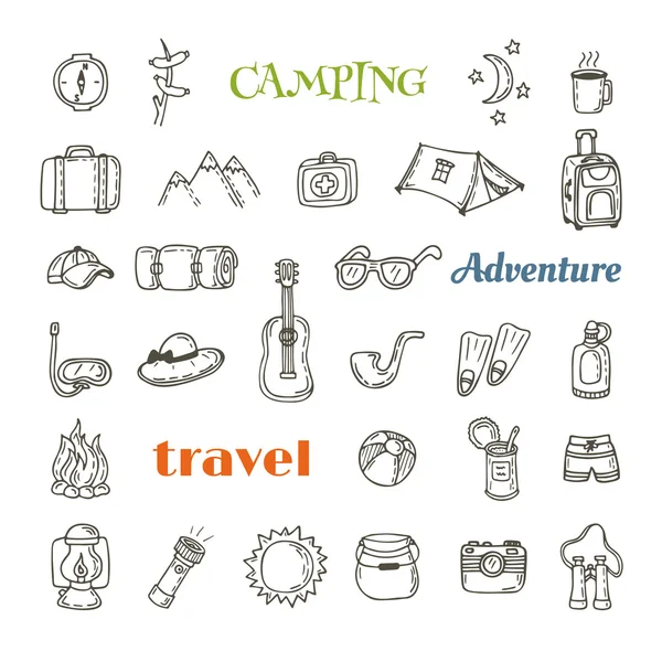 Ensemble d'icône de camping dessiné à la main. Collection d'éq camping et randonnée — Image vectorielle