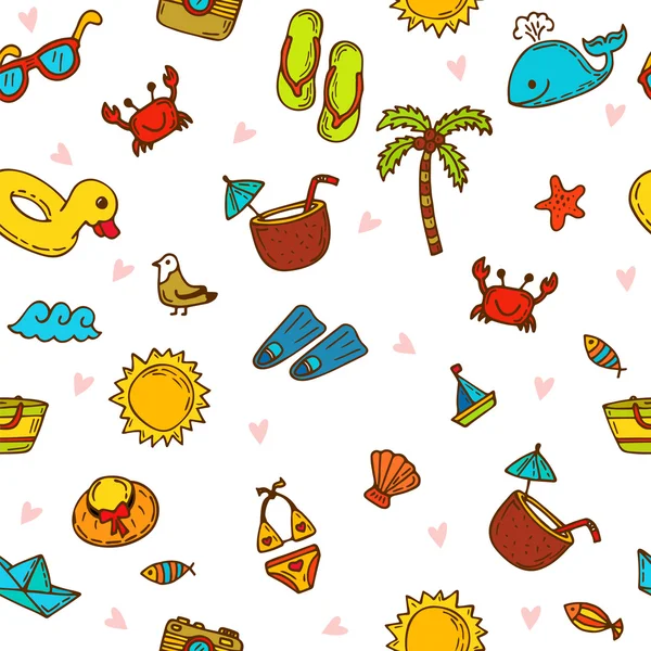 I love summer. Seamless summer pattern with hand drawn beach ico — Stock Vector