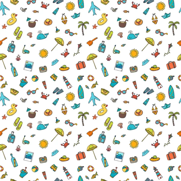 Seamless summer pattern with hand drawn beach icons. Vector beac — ストックベクタ