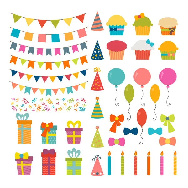 Doğum günü partisi tasarım öğeleri kümesi. Renkli balonlar, bayraklar, — Stok Vektör
