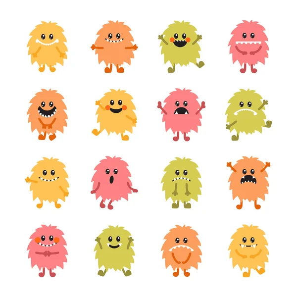 Conjunto de dibujos animados dibujados a mano monstruos sonrientes. Colección de differe — Vector de stock