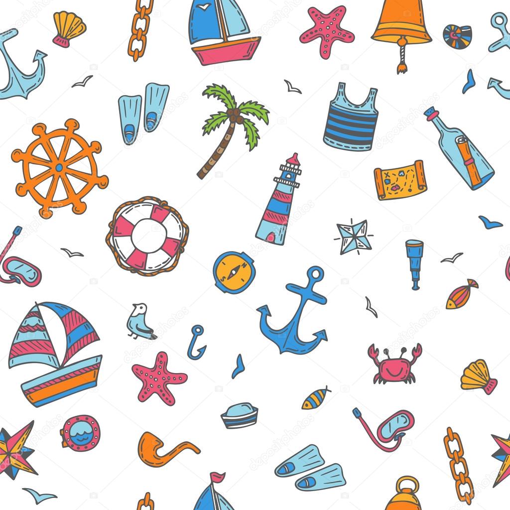 Hand drawn color seamless pattern with nautical elements. Nautic
