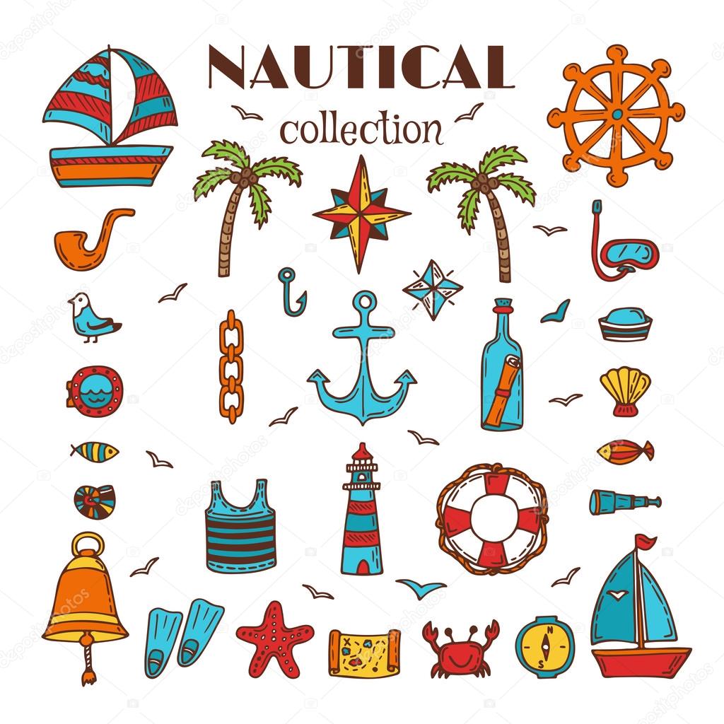 Hand drawn nautical collection. Sea and ocean. Marine icon set