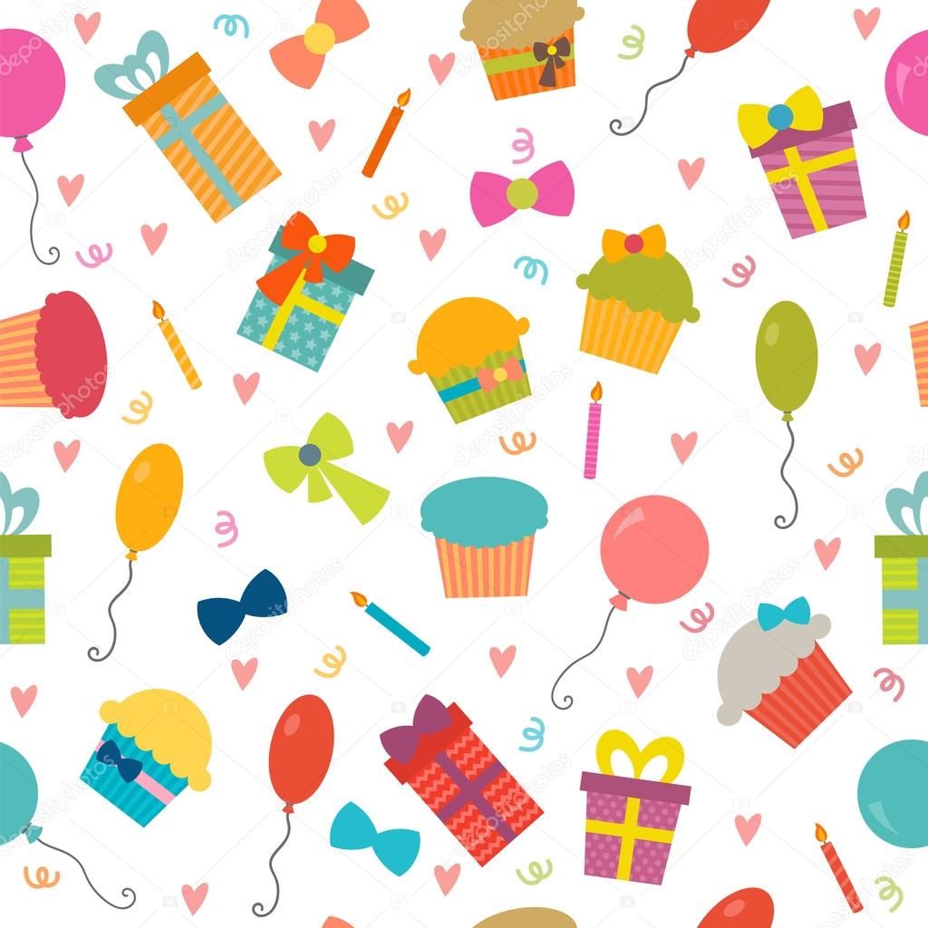 Happy Birthday seamless pattern with hearts. Vector background f