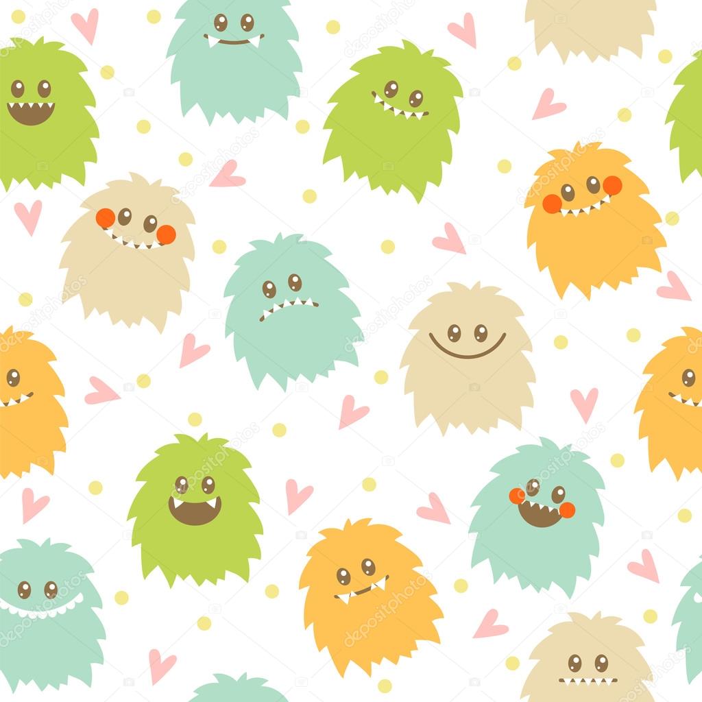 Seamless pattern with cute cartoon smiley monsters. Different fl
