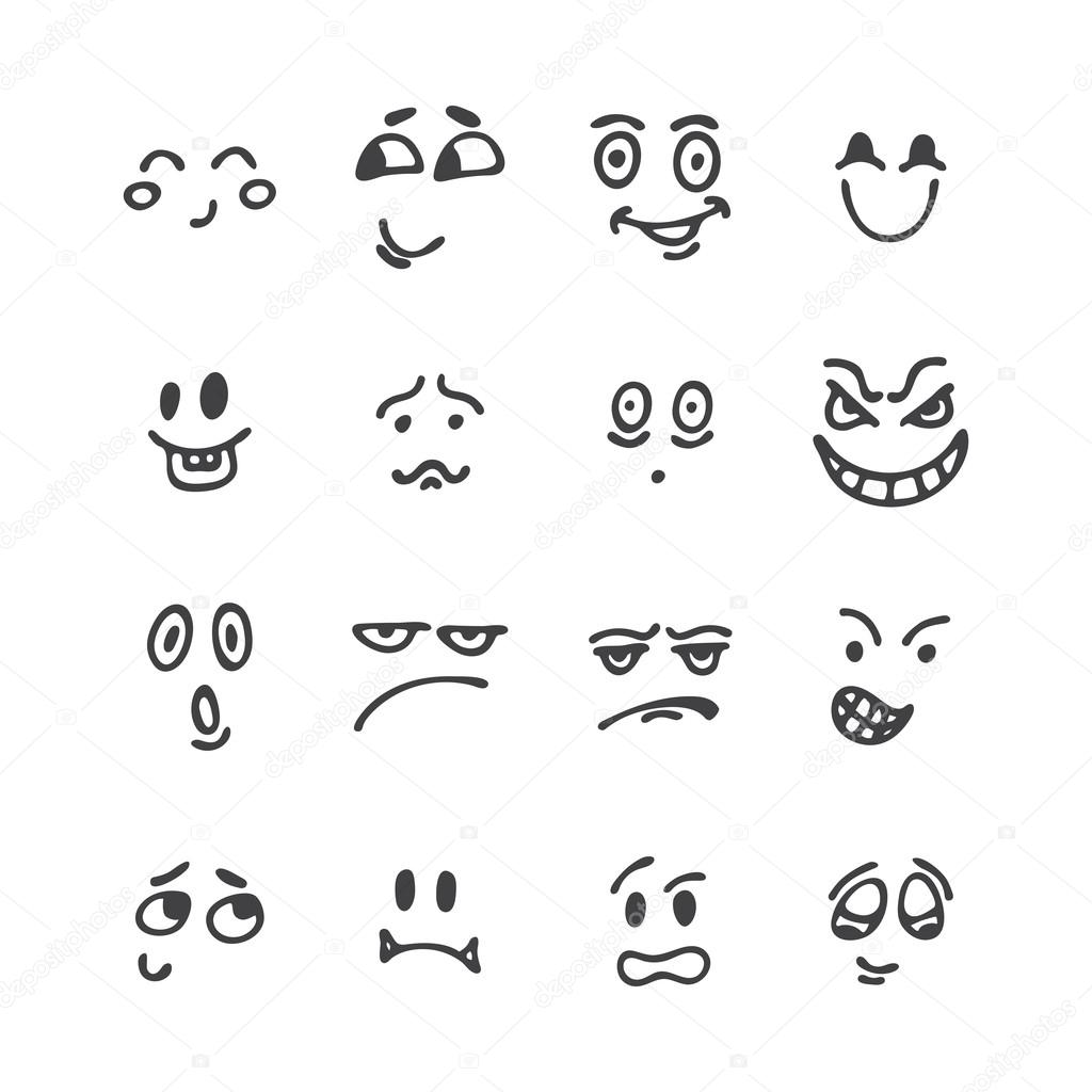 Set of hand drawn funny faces. Happy faces. Sketched facial expr