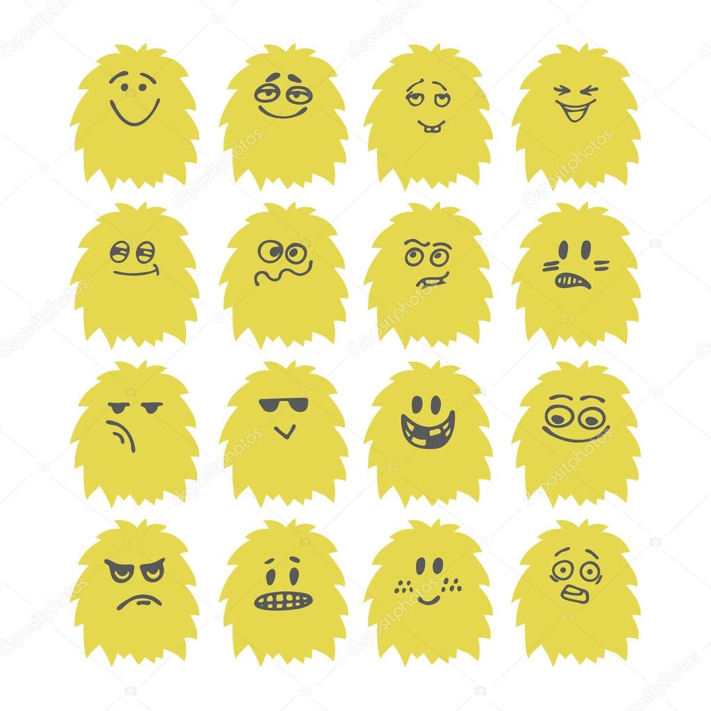 Set of hand drawn cute smiley monsters. Collection of different 