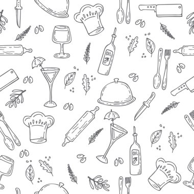 Hand drawn food seamless pattern. Sketch kitchen design elements