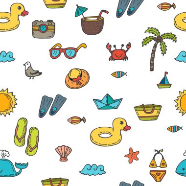 Seamless summer pattern with hand drawn beach icons. Vector beac