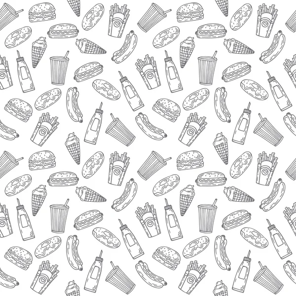 Fast food seamless pattern. Hand drawn food background. Backgrou — Stok Vektör