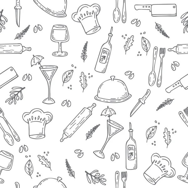 Hand drawn food seamless pattern. Sketch kitchen design elements — Stok Vektör