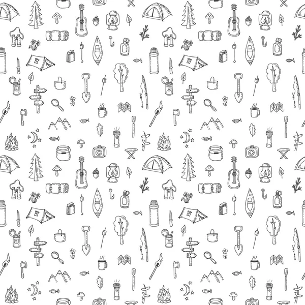 Handgezeichnetes, nahtloses Muster. Doodle camping Elemente. Picni — Stockvektor