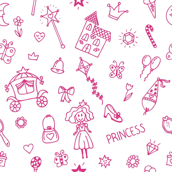 Hand drawn seamless pattern with princess girl doodle design ele — 스톡 벡터