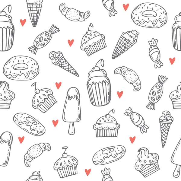 Modèle sans couture dessiné à la main avec des bonbons, cupcakes, boulangerie, gâteaux — Image vectorielle