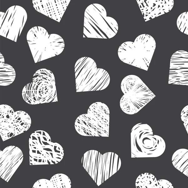 Seamless pattern with white hearts on black background. Stylish — Stok Vektör