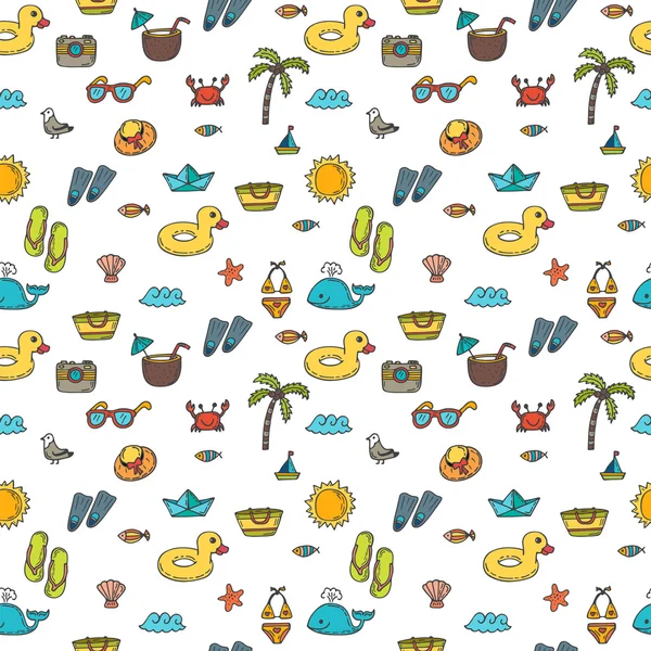 Seamless summer pattern with hand drawn beach icons. Vector beac — ストックベクタ