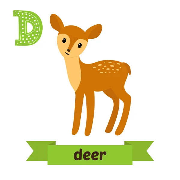Cervo. Lettera D. Grazioso alfabeto animale per bambini in vettore. Divertente c — Vettoriale Stock